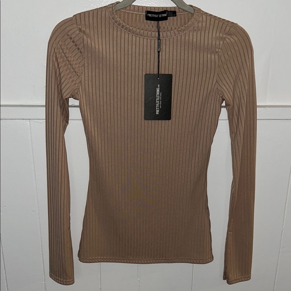 NWT! PrettyLittleThing Ribbed Tan Long Sleeve Top